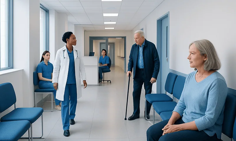 Hospital corridor with medical staff and elderly patient with cane.