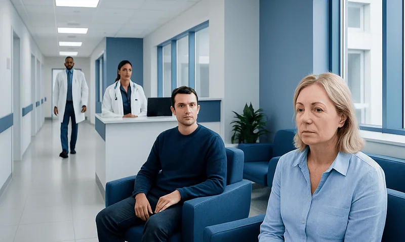 Patients waiting in a hospital corridor with medical staff nearby.