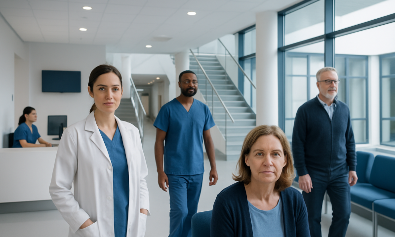 Medical team in hospital lobby with doctors and patient.