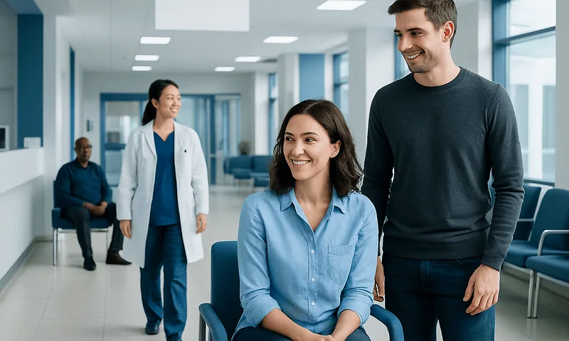 Happy patient and visitor in hospital waiting area at Acibadem Hospitals Group.