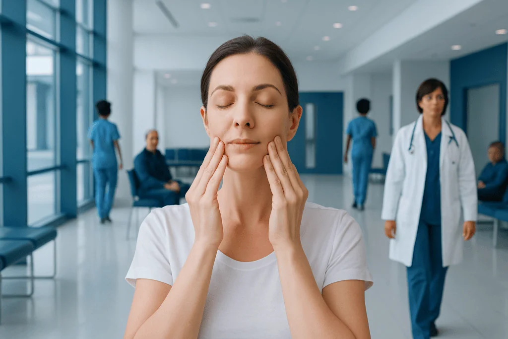 Face Yoga: An Evidence-Based Guide for Patients 1 Woman practicing face yoga in a hospital corridor with medical staff nearby.