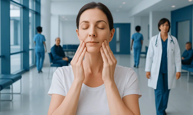 Woman practicing face yoga in a hospital corridor with medical staff nearby.