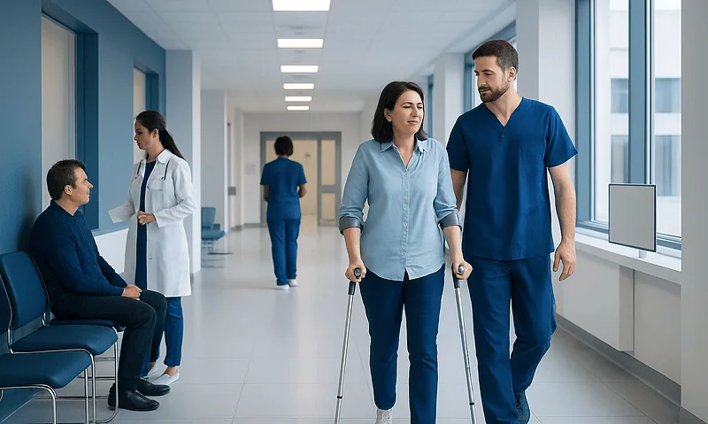 Healthcare professionals and patients in a modern hospital corridor.