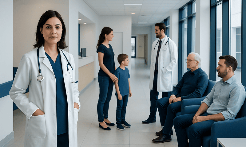 Medical team consulting with patients in a hospital corridor.