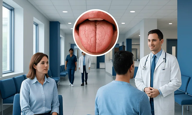 Doctor explaining fissured tongue to patient in clinic setting.