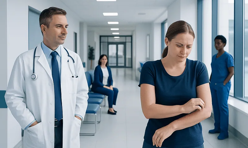 Patient with eczema consulting in a hospital corridor with medical staff nearby.