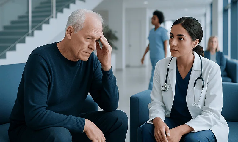 Elderly man consulting with a doctor about health concerns in a hospital.