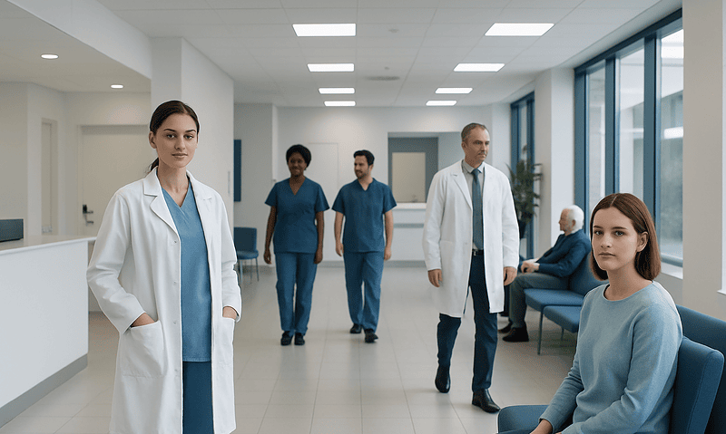 Medical team and patient in hospital corridor at Acibadem Hospitals Group.