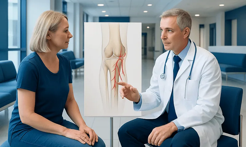 Genicular Artery Embolization: A Complete Medical Overview 6 Doctor explaining knee blood vessels to a patient in a hospital setting.