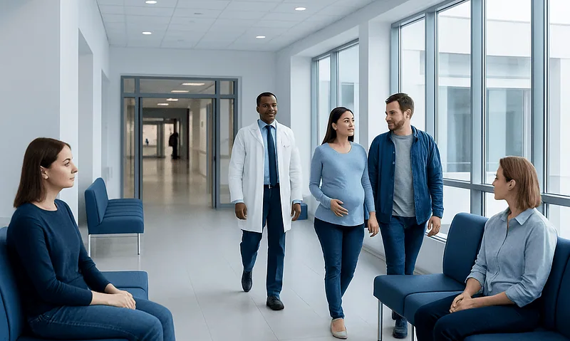 Patients waiting and consulting with doctors at Acibadem Hospital.