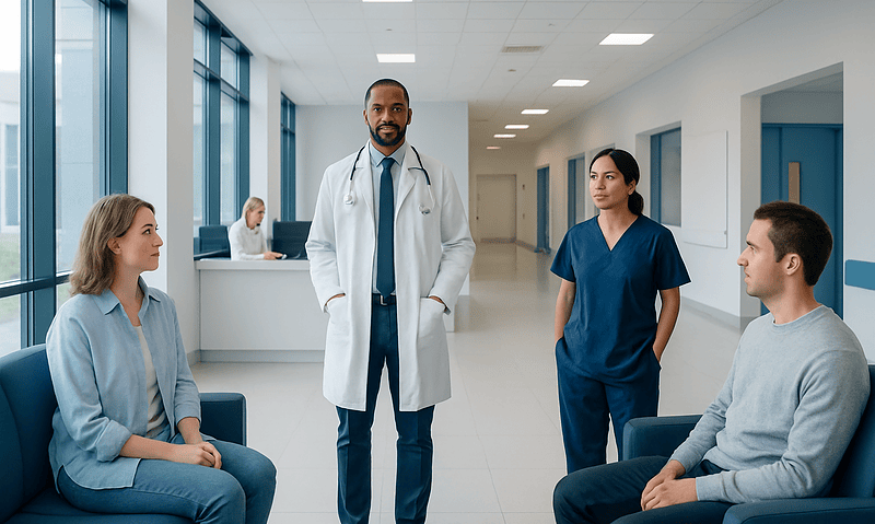 Doctor consulting with patients in a hospital corridor.