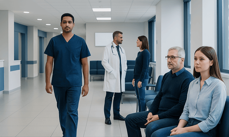 Healthcare professionals and patients in a modern hospital corridor.