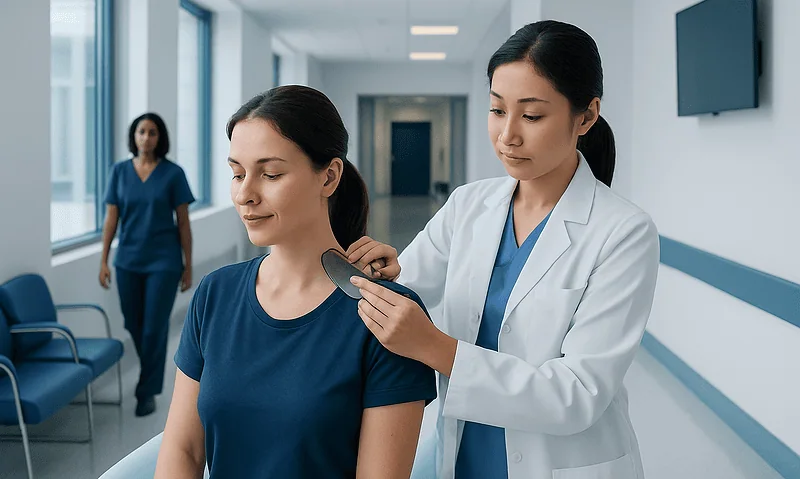 Doctor performing a skin examination on a patient in a hospital corridor.