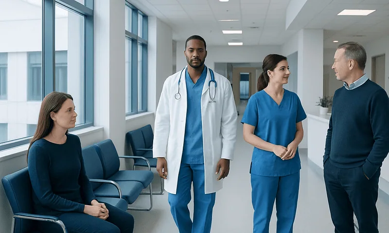 Medical consultation in a modern hospital corridor with healthcare professionals and patient.