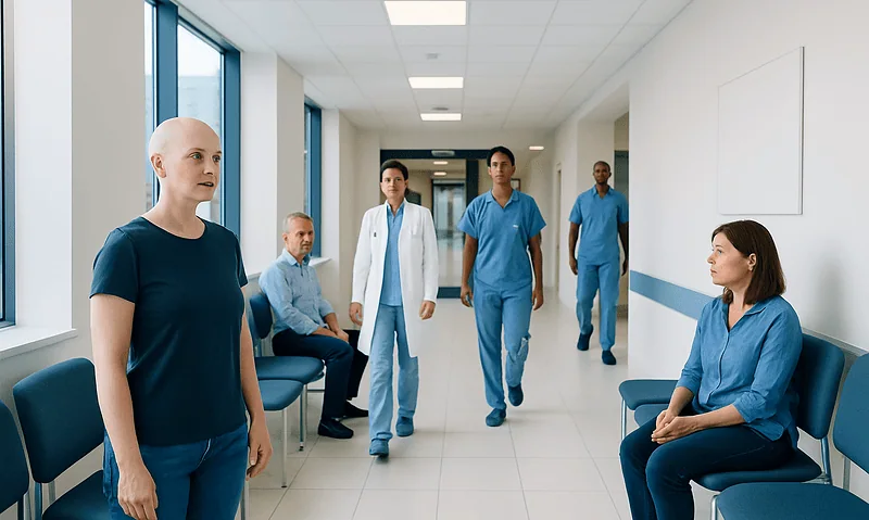 Medical team and patient in hospital corridor at Acibadem Hospitals Group.