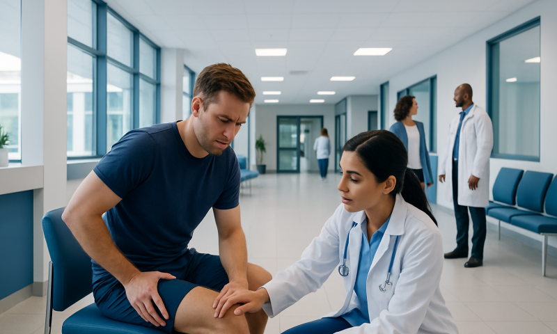 Doctor examining patient's knee in a hospital corridor.