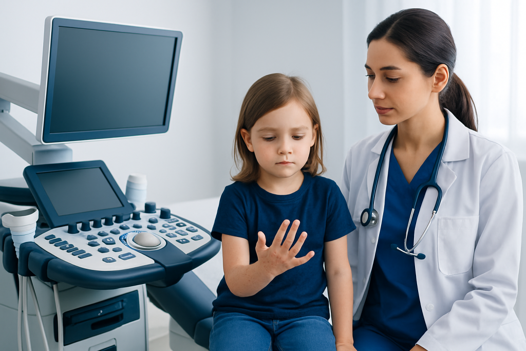 Doctor examining a young girl with hand foot and mouth disease in a clinic.