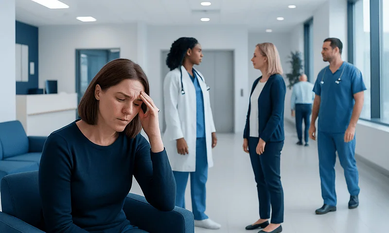 Patient experiencing headache in hospital waiting area with medical staff nearby.