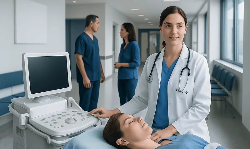Medical professional performing ultrasound examination in hospital setting.