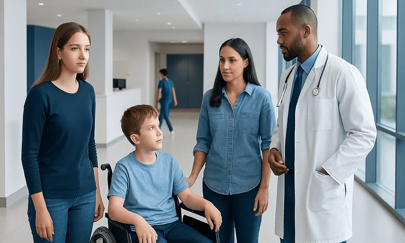 Understanding Hurler Syndrome: A Complete Patient Guide 18 Doctor consulting with a family in a hospital corridor.