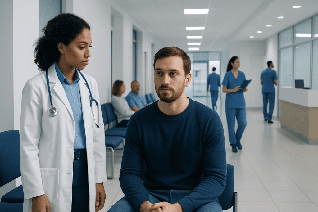 Hyphema: An Evidence-Based Guide for Patients 1 Doctor consulting patient in hospital corridor for eye health assessment.