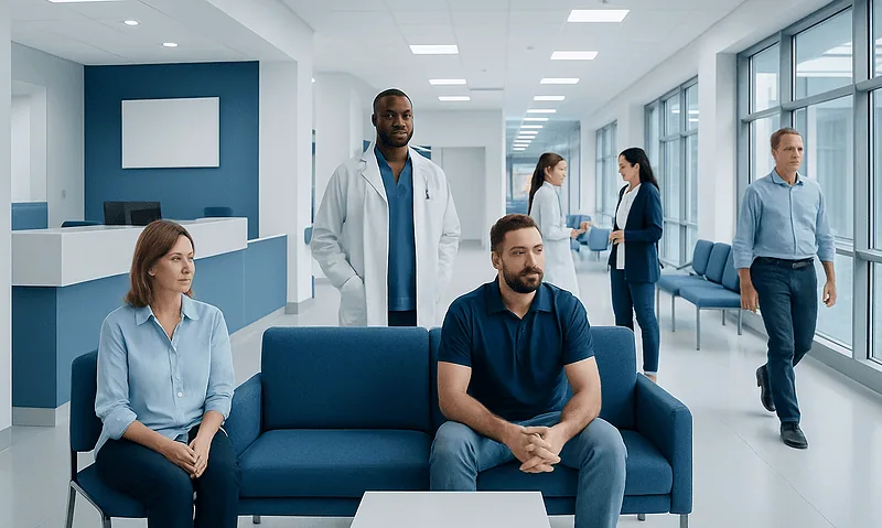 Patients waiting in a modern hospital lobby with medical staff present.