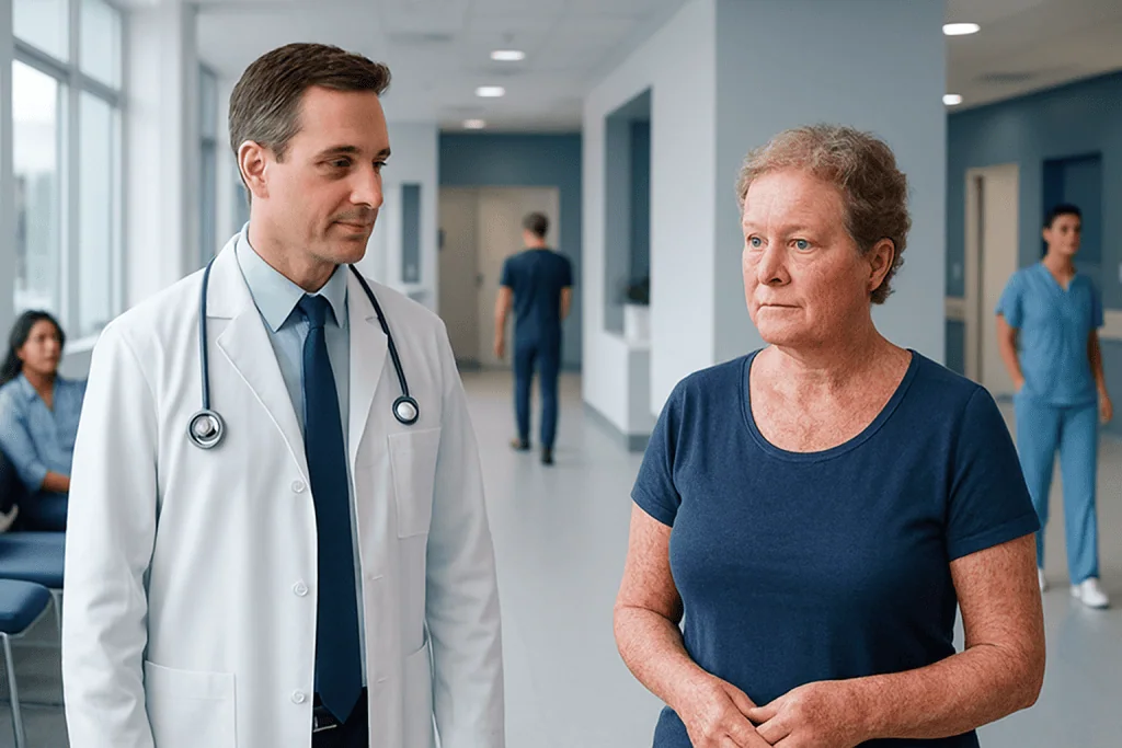 Understanding Ichthyosis: A Complete Patient Guide 1 Doctor consulting an elderly woman in a hospital corridor.
