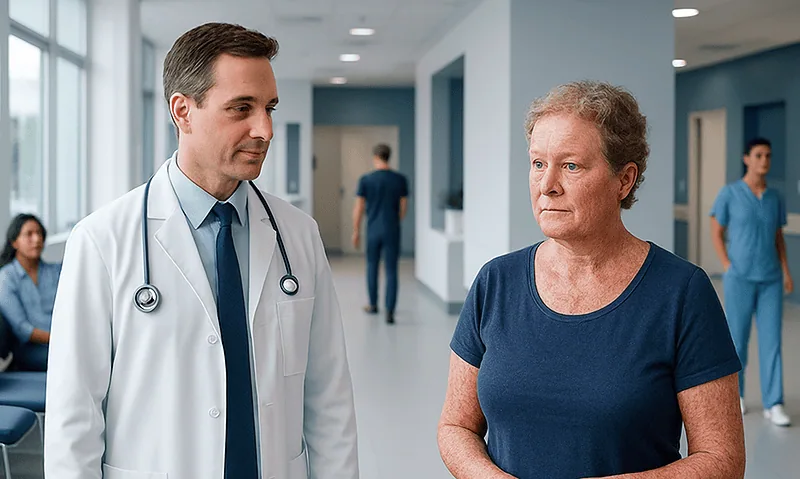 Doctor consulting an elderly woman in a hospital corridor.