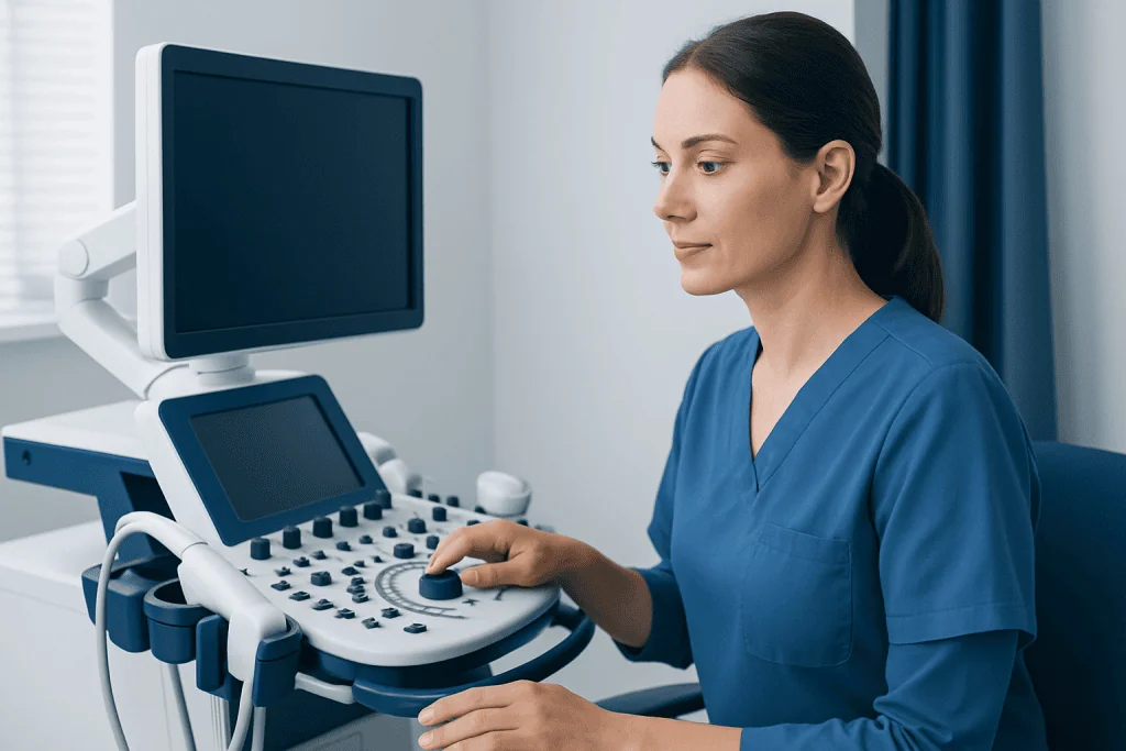 Medical professional operating an ultrasound machine in a hospital setting.