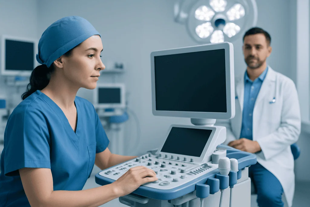 Medical professionals using ultrasound equipment in a hospital setting.