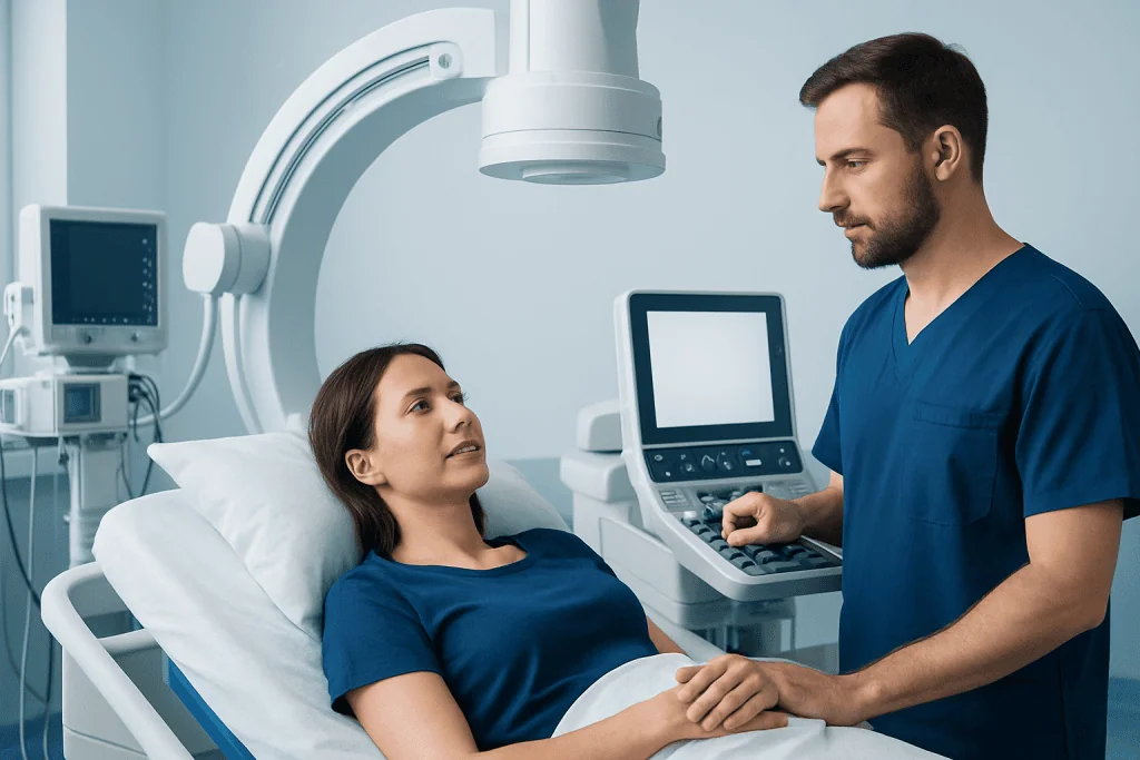 Medical professional consulting a patient in a hospital room with advanced imaging equipment.