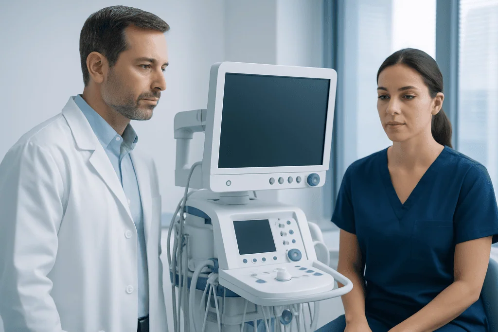Medical professionals using ultrasound equipment in a hospital setting.
