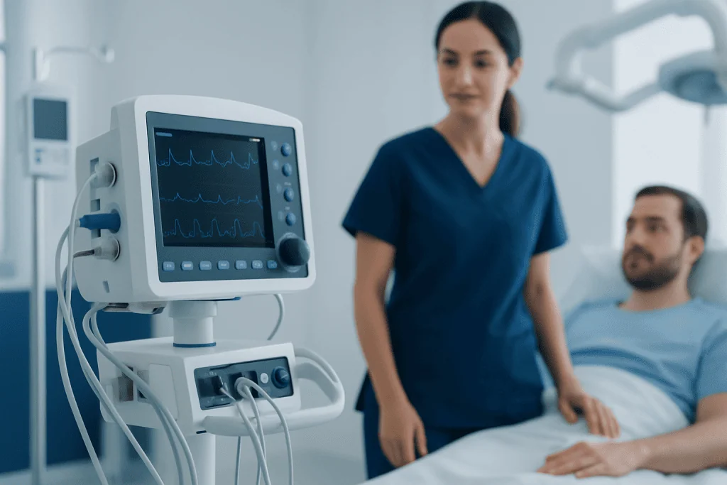Medical monitor displaying vital signs in a hospital room.