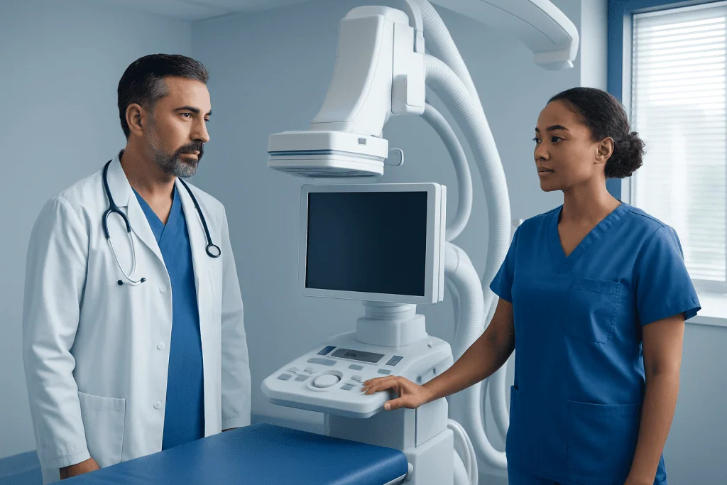 Medical professionals operating an imaging machine in a hospital setting.