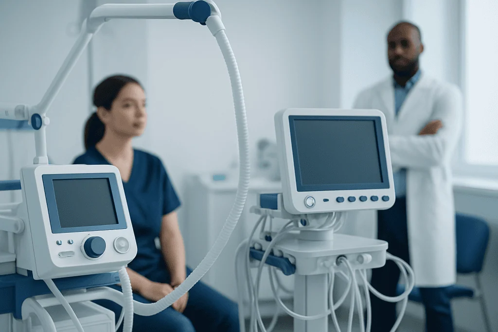 Medical professionals in a hospital room with ventilators and monitoring equipment.
