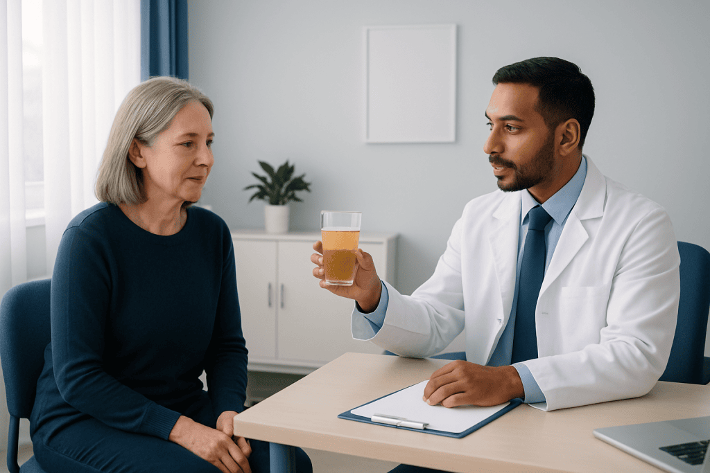 Doctor advising an elderly woman during a medical consultation at Acibadem Hospital.