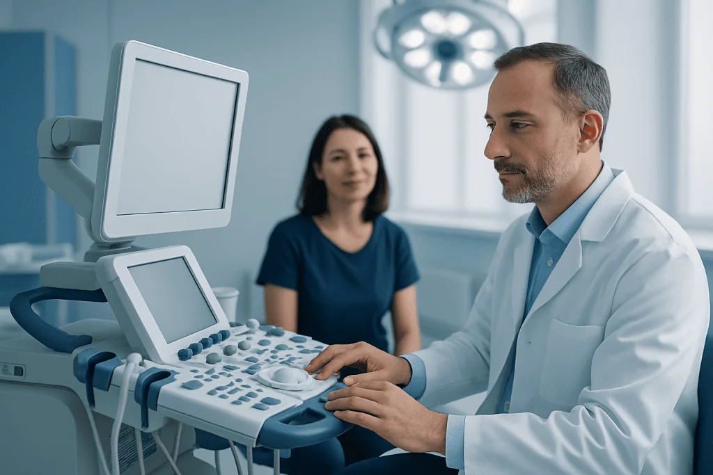 Doctor performing an ultrasound scan in a hospital setting.