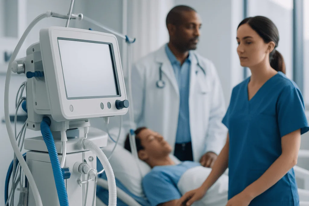 Medical team monitoring patient in hospital ICU with ventilator equipment.