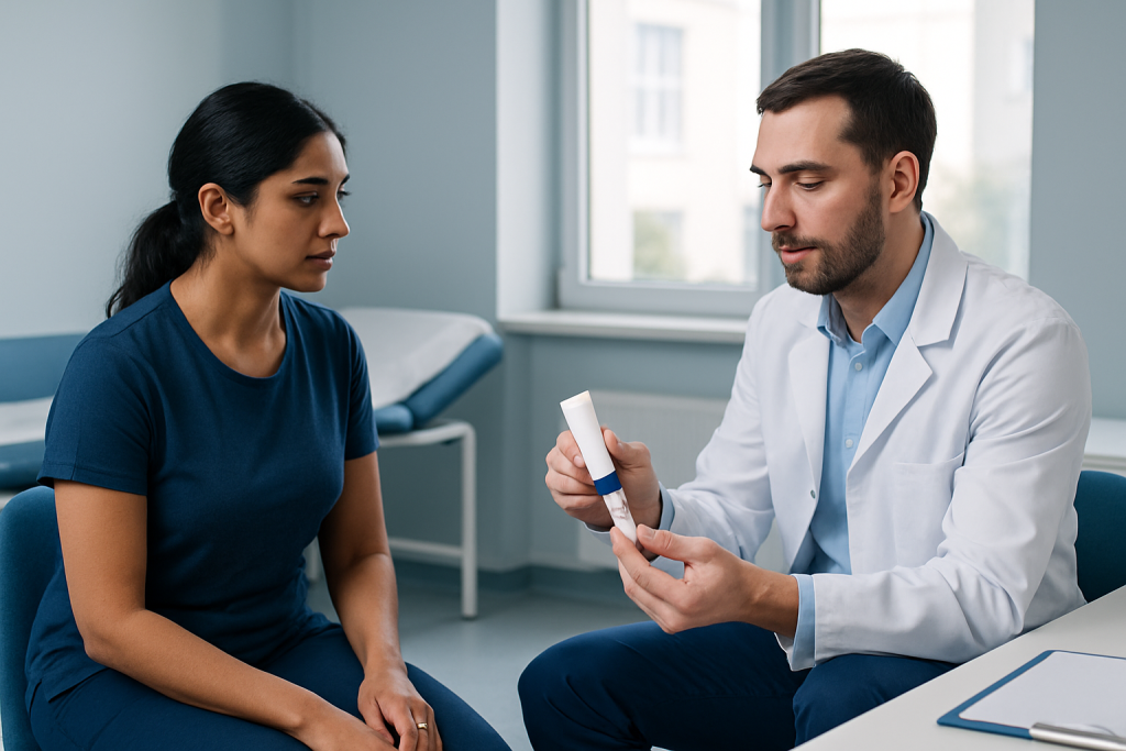 Doctor explaining hemorrhoid cream to patient in clinic setting.
