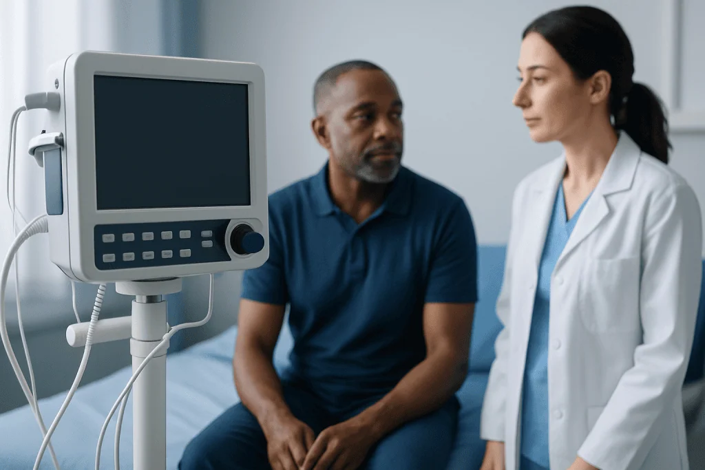 Doctor consulting patient in hospital room with medical monitor.