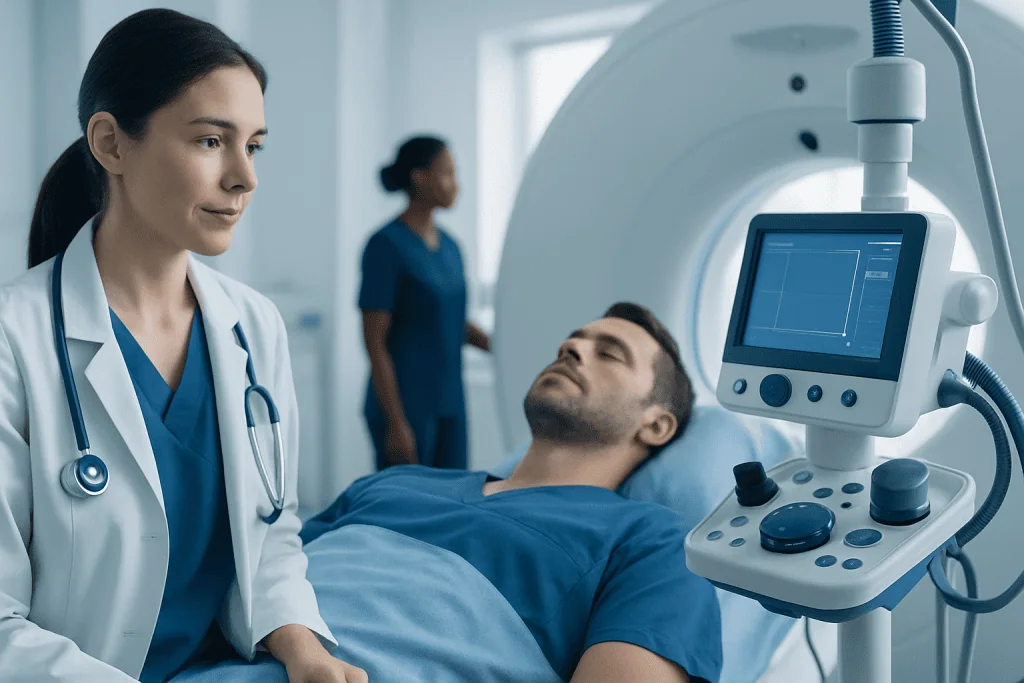 Medical professional monitoring patient during MRI scan at Acibadem Hospital.