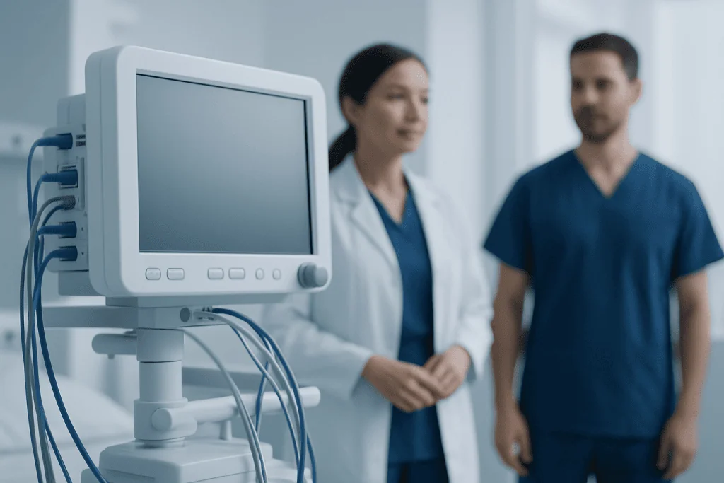 Medical professionals with monitoring equipment in a hospital setting.