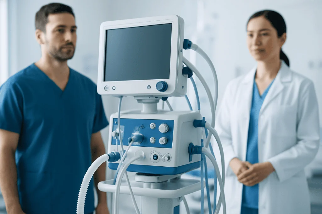 Medical professionals with ventilator in hospital setting.