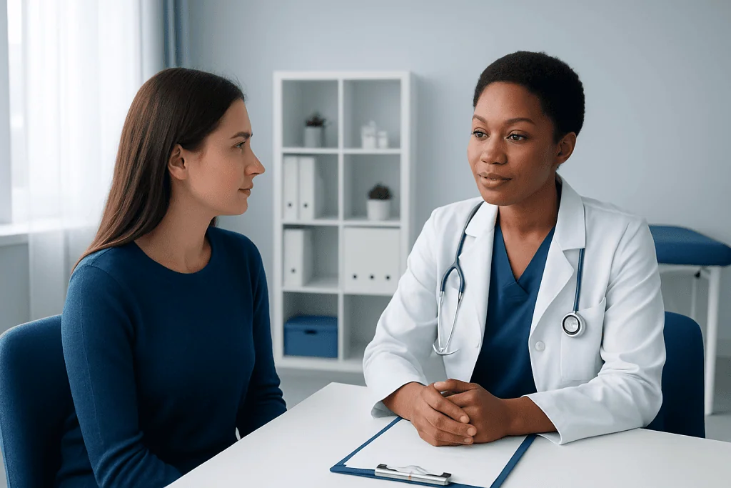Doctor consulting with a patient in a modern medical office.