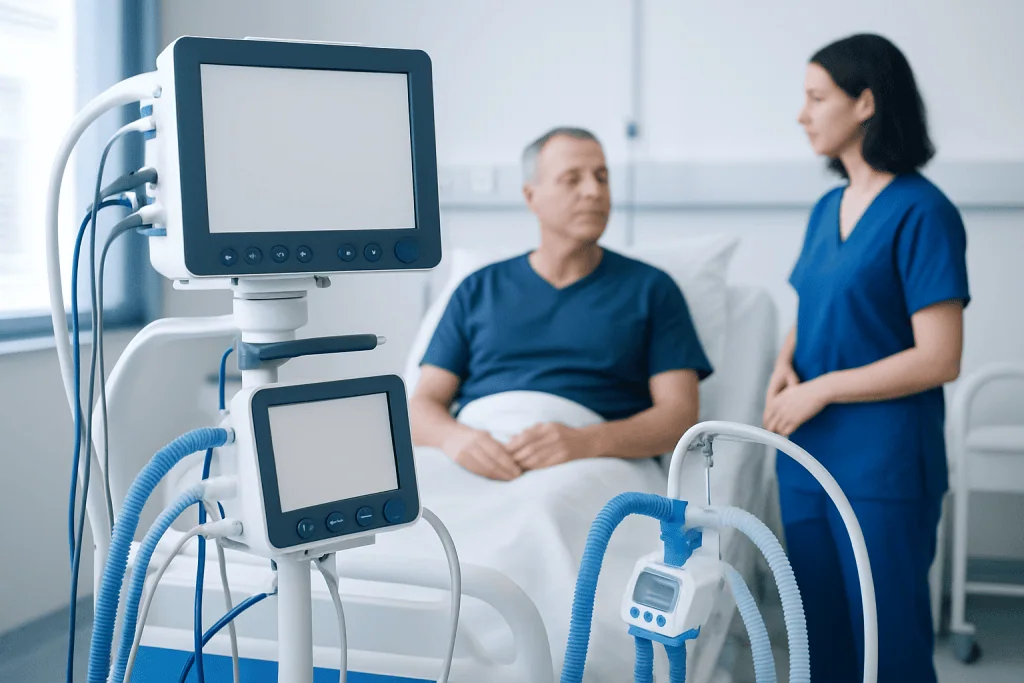 Patient in hospital bed with medical monitors and nurse in a clinical setting.