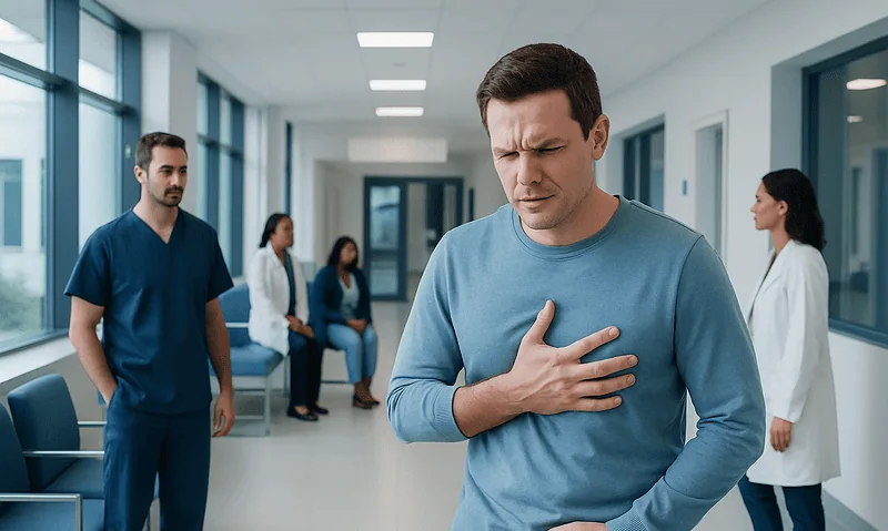 Man clutching chest with medical staff in hospital corridor.