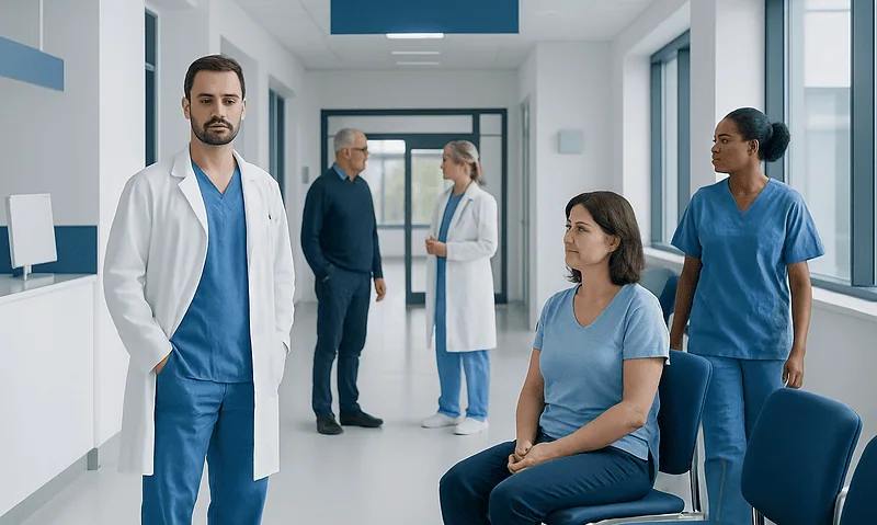 Medical team in hospital corridor with patients and staff.