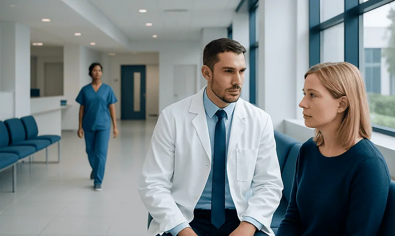 Doctor consulting with a patient in a hospital corridor.