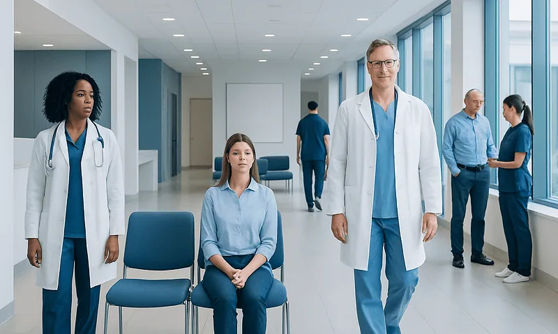 Medical professionals and patient in a modern hospital corridor.