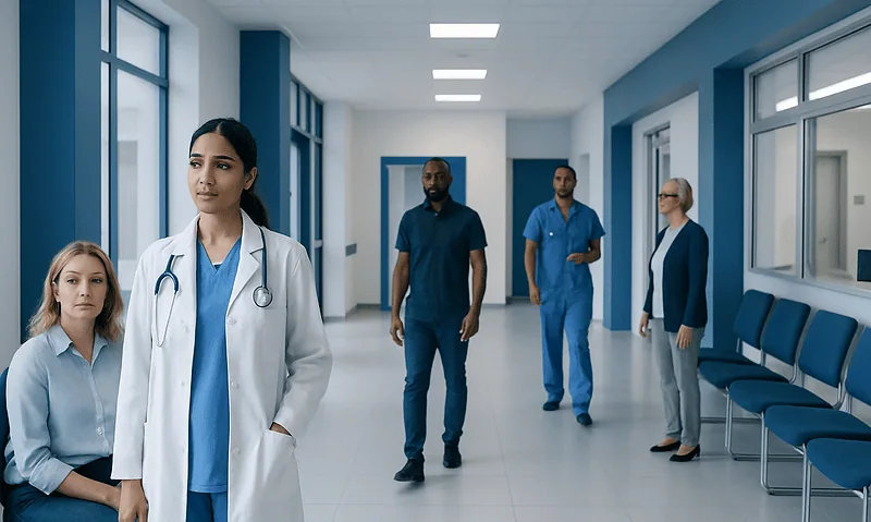 Medical team in hospital corridor with doctor and staff members.